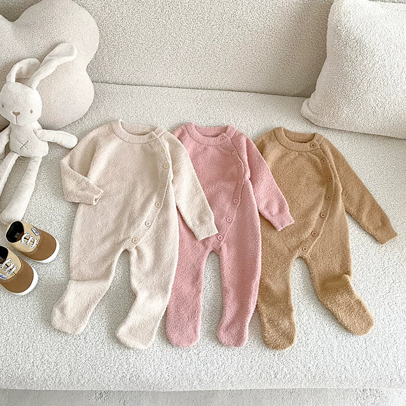 Autumn and Winter Arrival Unisex Baby’s Solid Color Crew Neck Fluffy Rompers-4