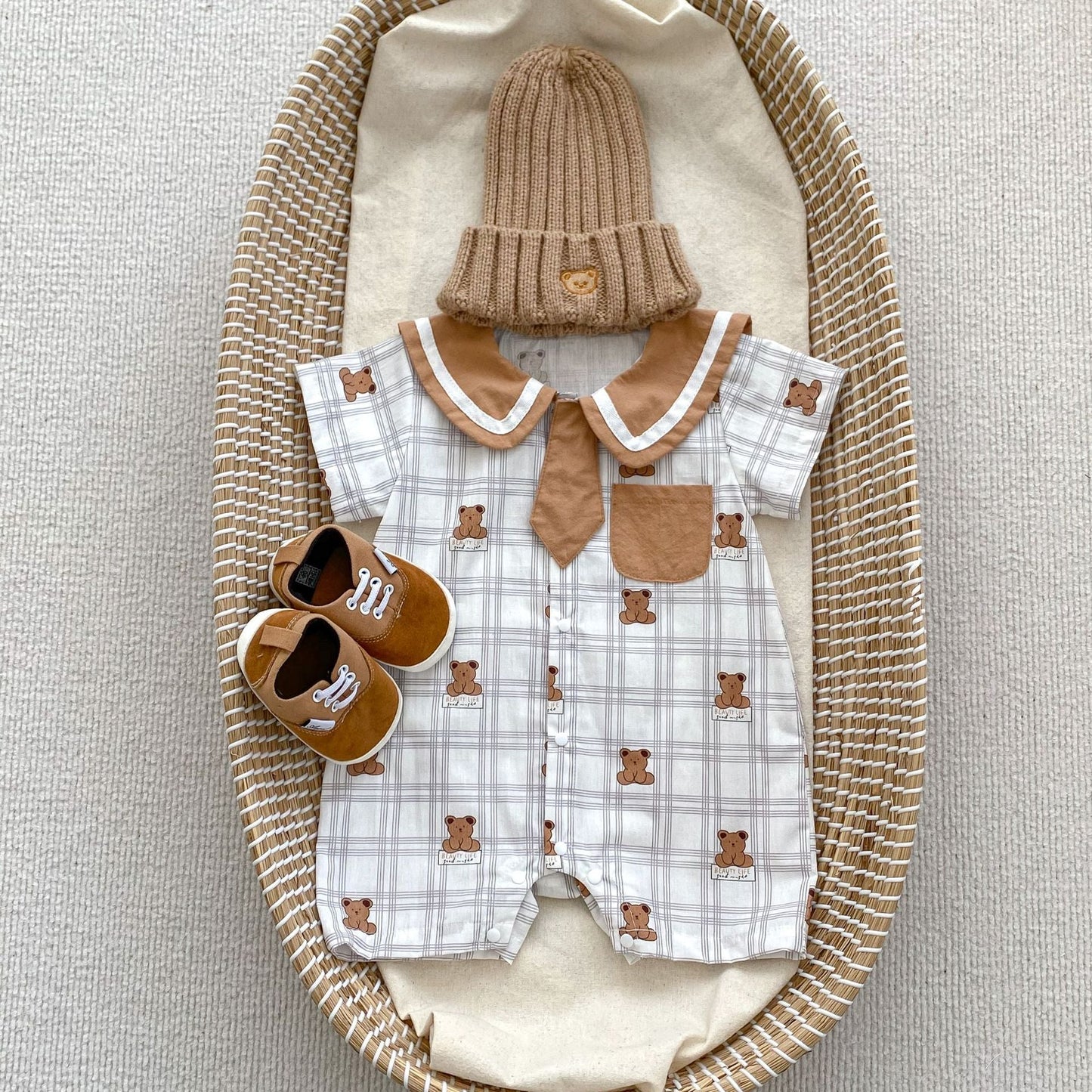Summer Baby Teddy Pattern Plaid Short-Sleeved Romper And Clothing Sets For Boys β Brother Matching Set-2