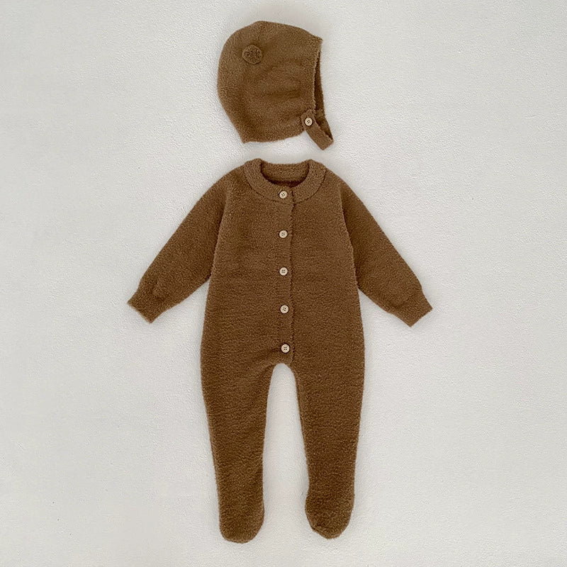 Autumn and Winter Arrival Unisex Baby’s Solid Color Crew Neck Fluffy Rompers-2