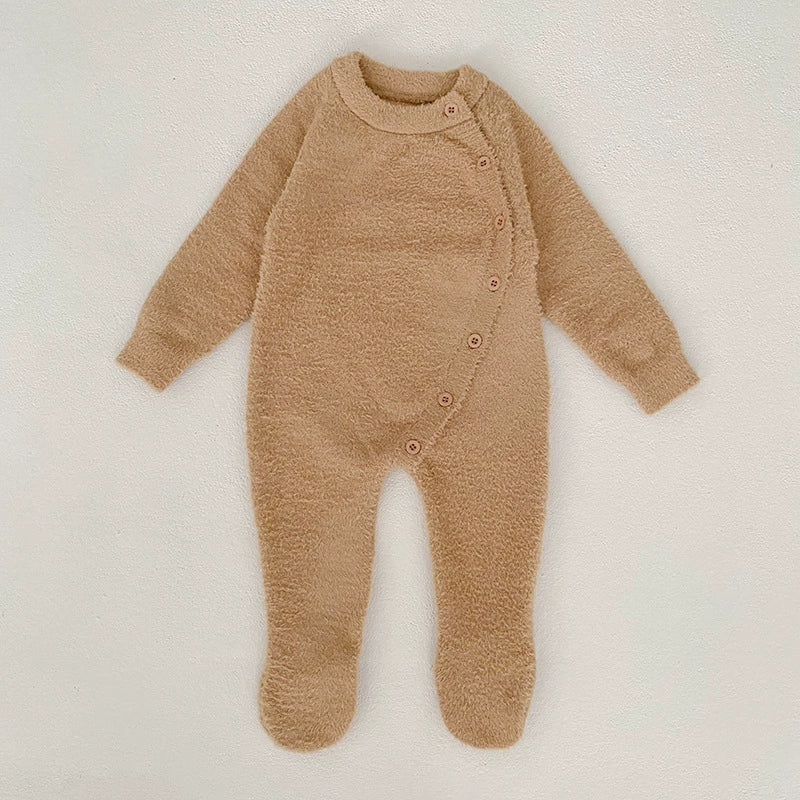 Autumn and Winter Arrival Unisex Baby’s Solid Color Crew Neck Fluffy Rompers-2
