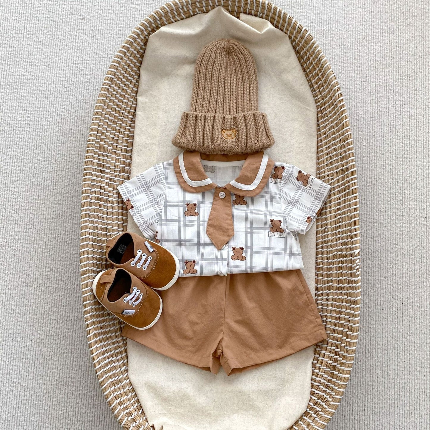 Summer Baby Teddy Pattern Plaid Short-Sleeved Romper And Clothing Sets For Boys β Brother Matching Set-3