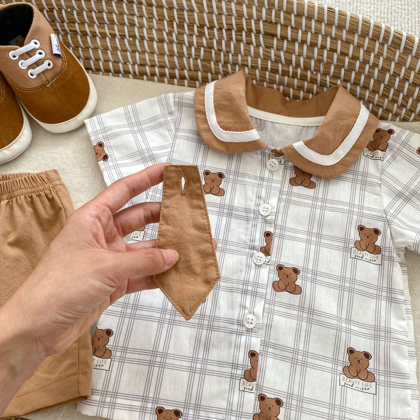 Summer Baby Teddy Pattern Plaid Short-Sleeved Romper And Clothing Sets For Boys β Brother Matching Set-4