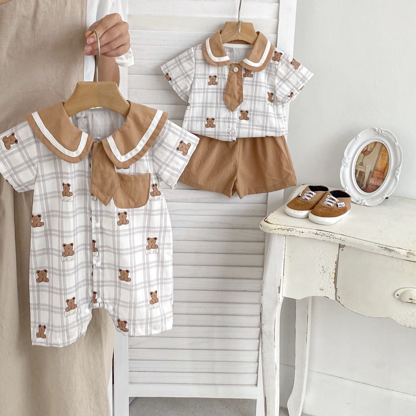 Summer Baby Teddy Pattern Plaid Short-Sleeved Romper And Clothing Sets For Boys β Brother Matching Set-0