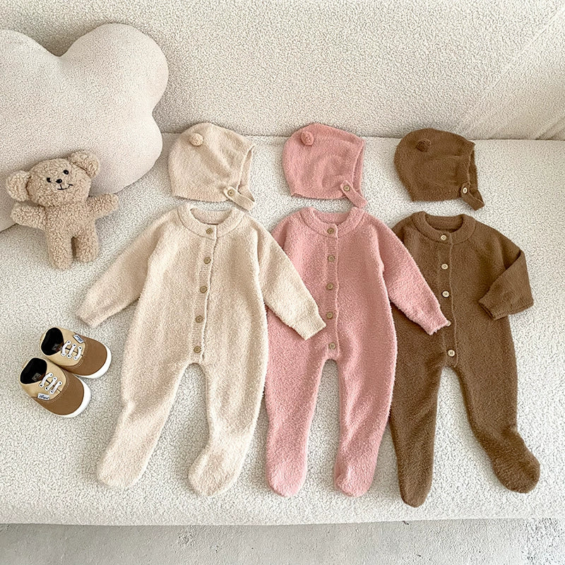 Autumn and Winter Arrival Unisex Baby’s Solid Color Crew Neck Fluffy Rompers-4