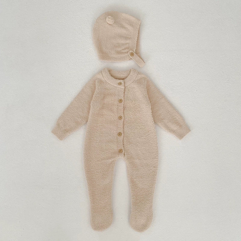 Autumn and Winter Arrival Unisex Baby’s Solid Color Crew Neck Fluffy Rompers-1