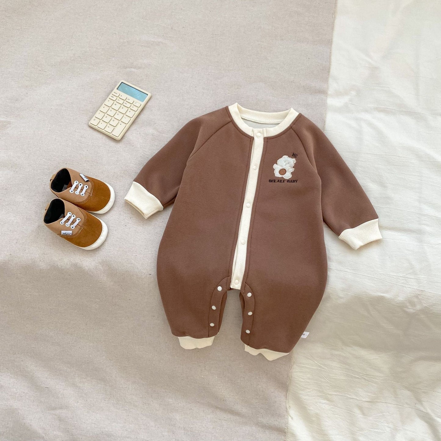 Autumn and Spring Arrival Baby Unisex Simple Teddy Pattern Long Sleeves Cozy Rompers-2