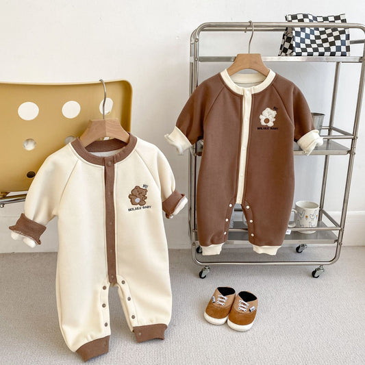 Autumn and Spring Arrival Baby Unisex Simple Teddy Pattern Long Sleeves Cozy Rompers-0