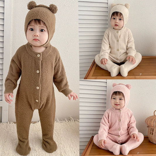 Autumn and Winter Arrival Unisex Baby’s Solid Color Crew Neck Fluffy Rompers-0