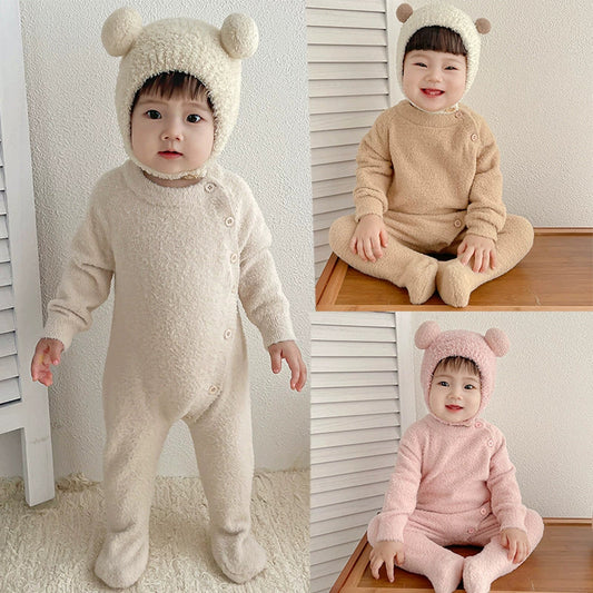 Autumn and Winter Arrival Unisex Baby’s Solid Color Crew Neck Fluffy Rompers-0