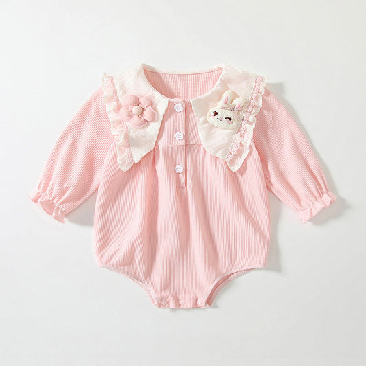 Spring Arrival Baby Girls Flowers and Rabbits Pattern Pink Onesies Bodysuits-0