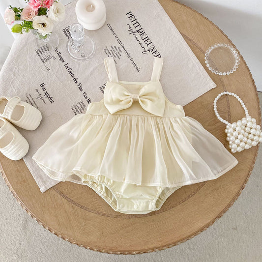 Summer Arrival Baby Girls Cute Sleeveless Butterfly-bow Decorated Dress Design Strap Onesies-0