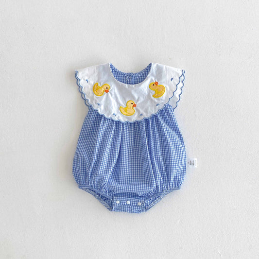Summer Arrival Baby Girls Cute Plaid Sleeveless Ducks Pattern Onesies-0